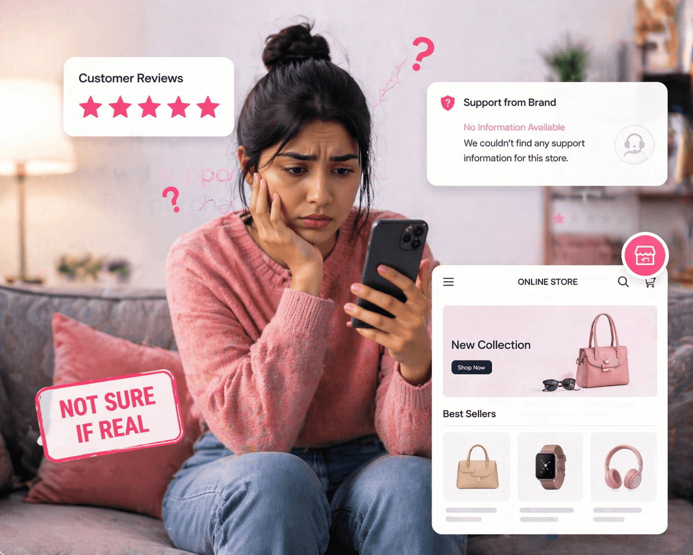 Worried online shopper checking reviews and brand support